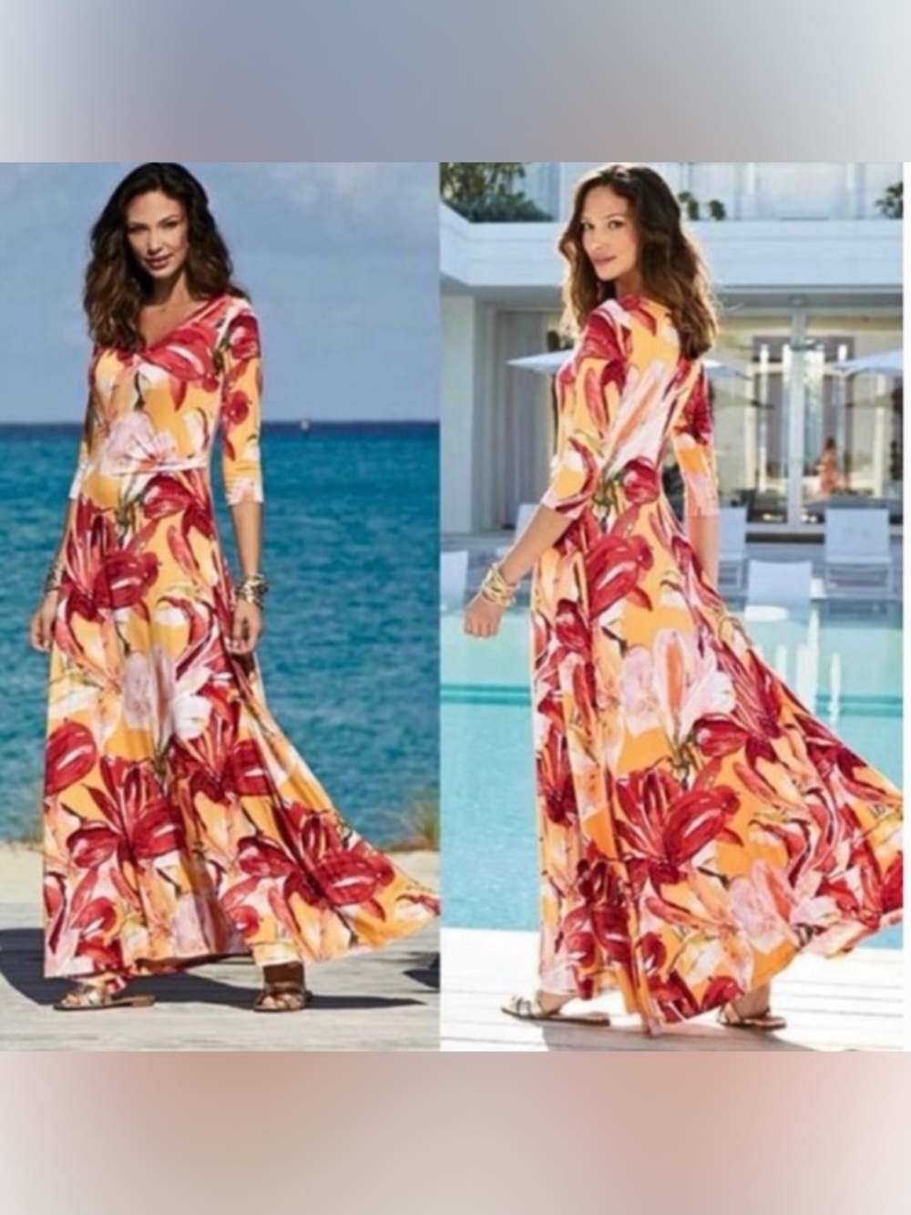 Soft Surroundings ELIA Dress Apricot Floral 3/4 Sleeve Floral S V-neckline